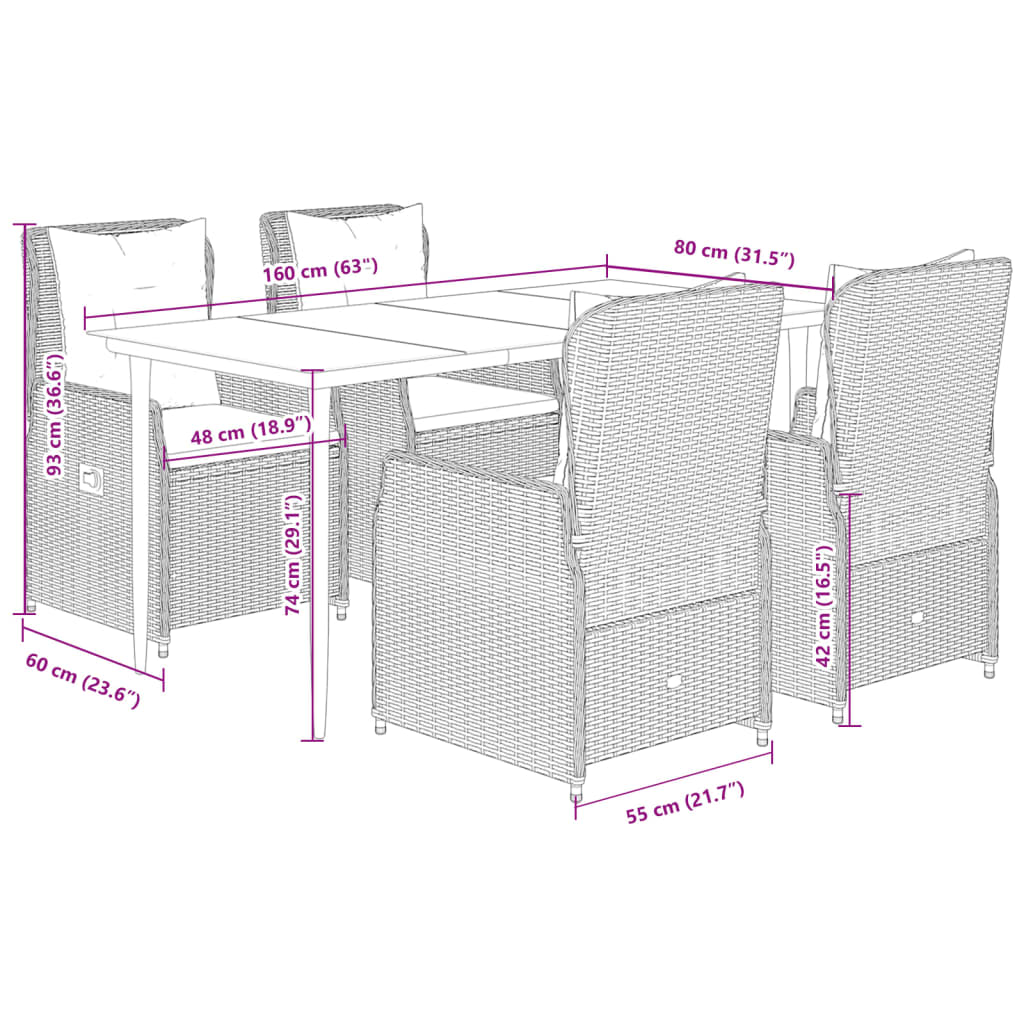 Ensemble à manger de jardin coussins 5pcs Noir Résine tressée