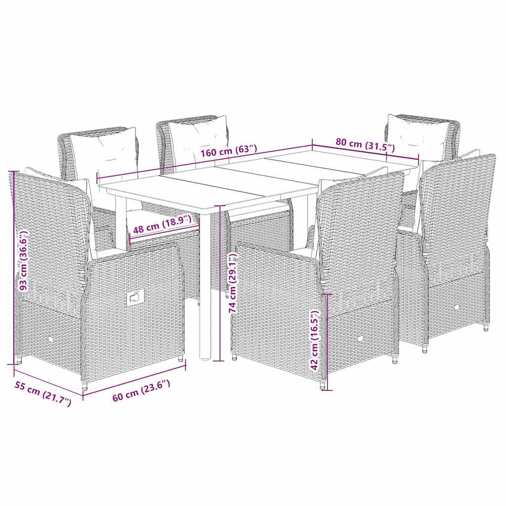 Ensemble à manger de jardin coussins 7pcs Noir Résine tressée
