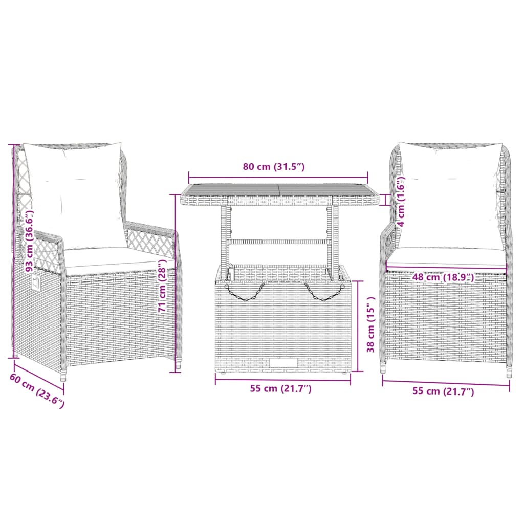 Ensemble à manger de jardin avec coussins 3 pcs Noir
