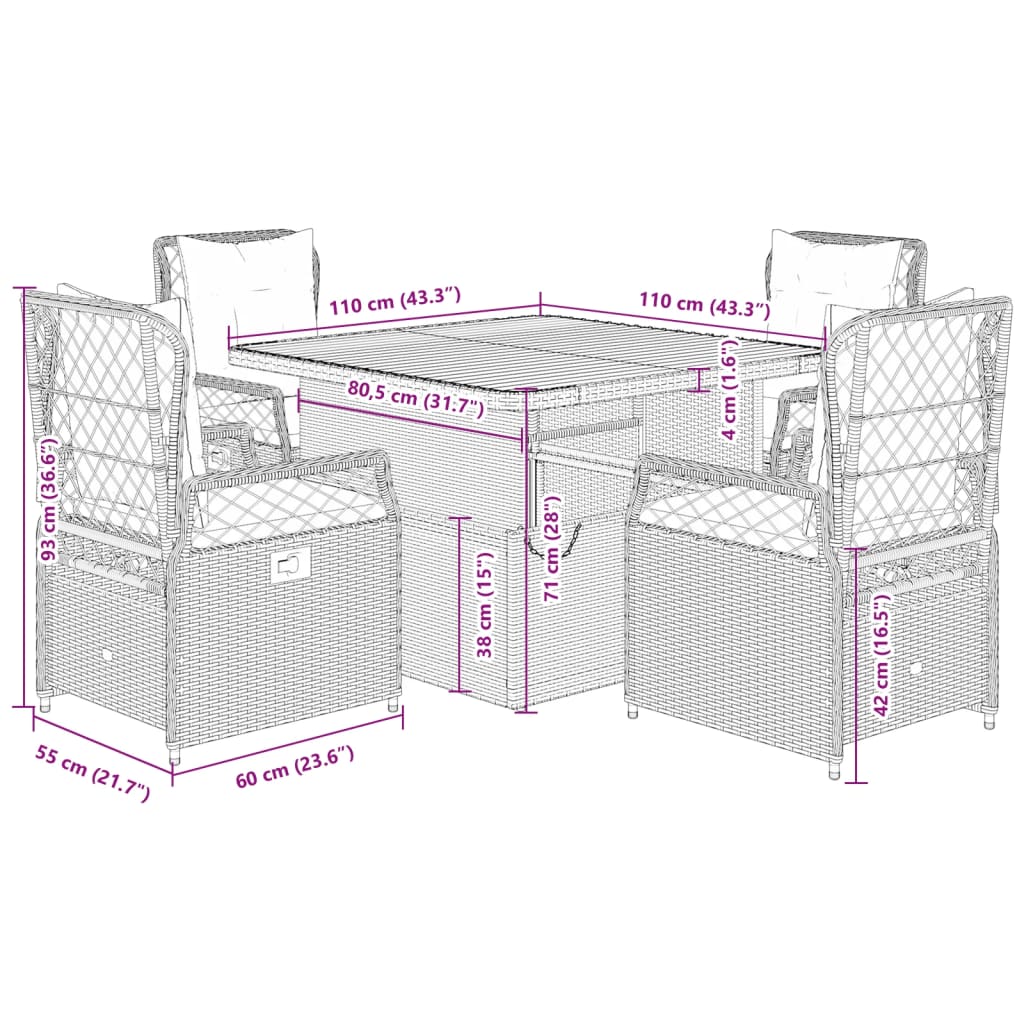 Ensemble à manger de jardin coussins 5pcs Noir Résine tressée