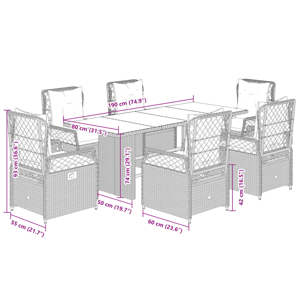 Ensemble à manger de jardin coussins 7pcs Noir Résine tressée