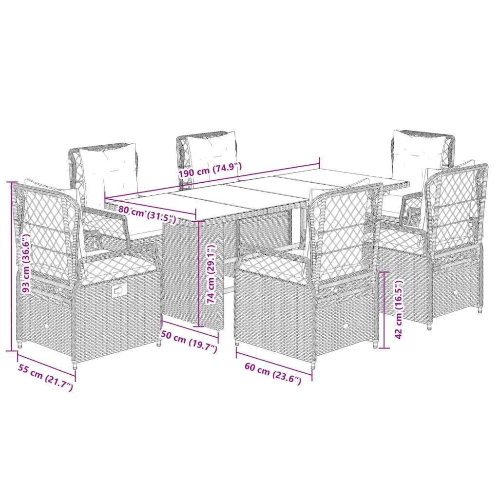 Ensemble à manger de jardin et coussins 7 pcs gris rotin