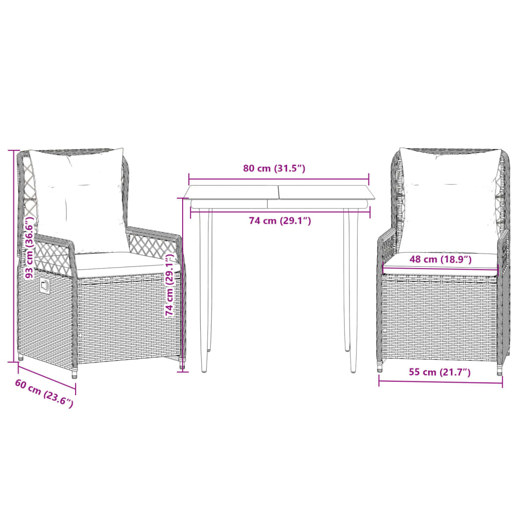 Ensemble à manger de jardin avec coussins 3 pcs Noir