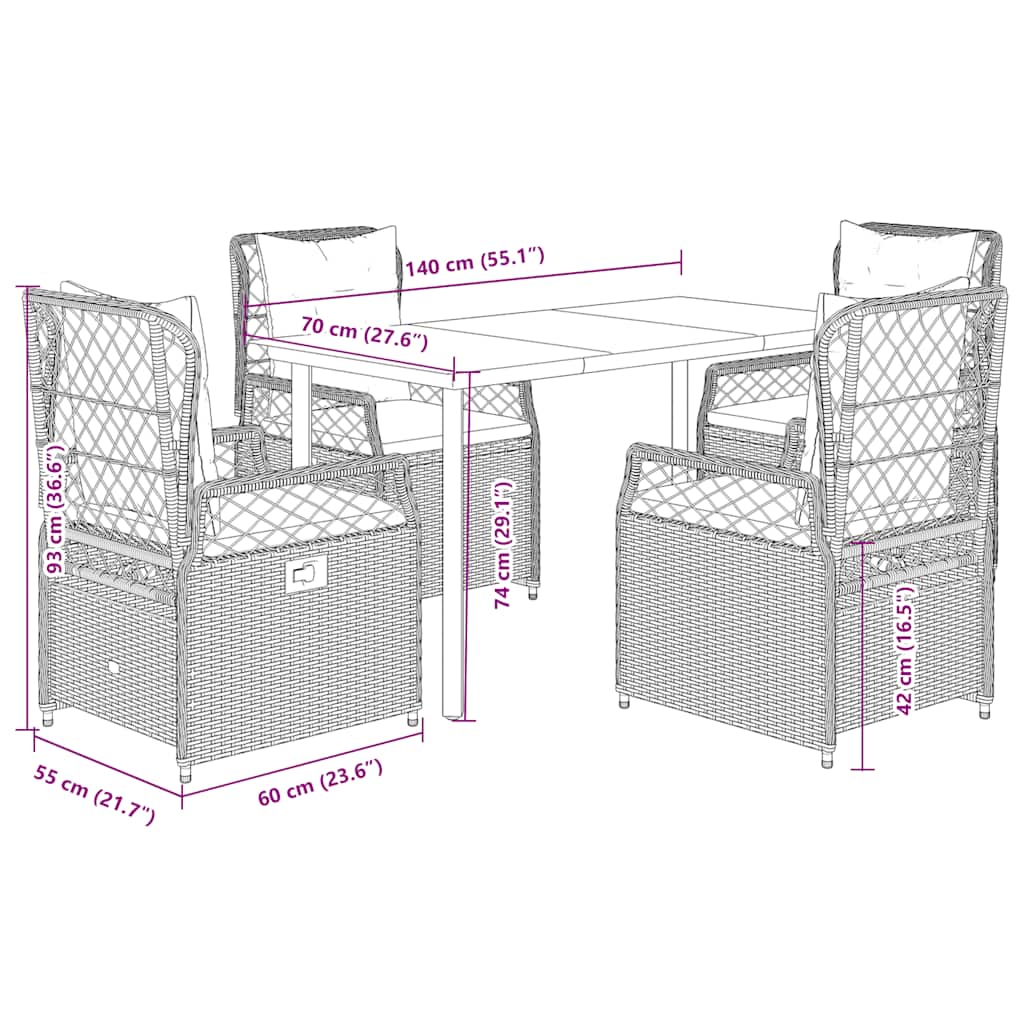 Ensemble à manger de jardin coussins 5pcs Noir Résine tressée
