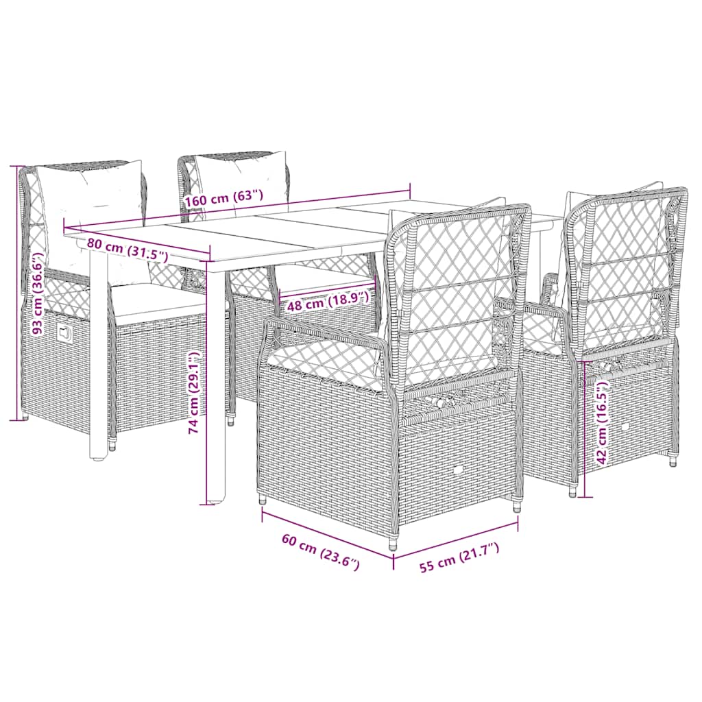 Ensemble à manger de jardin coussins 5pcs Noir Résine tressée
