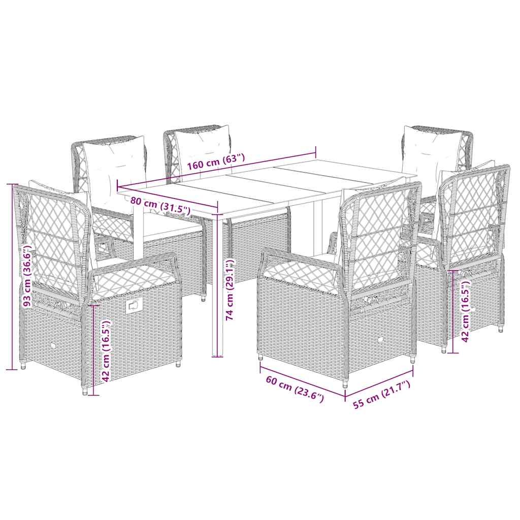 Ensemble à manger de jardin coussins 7pcs Noir Résine tressée