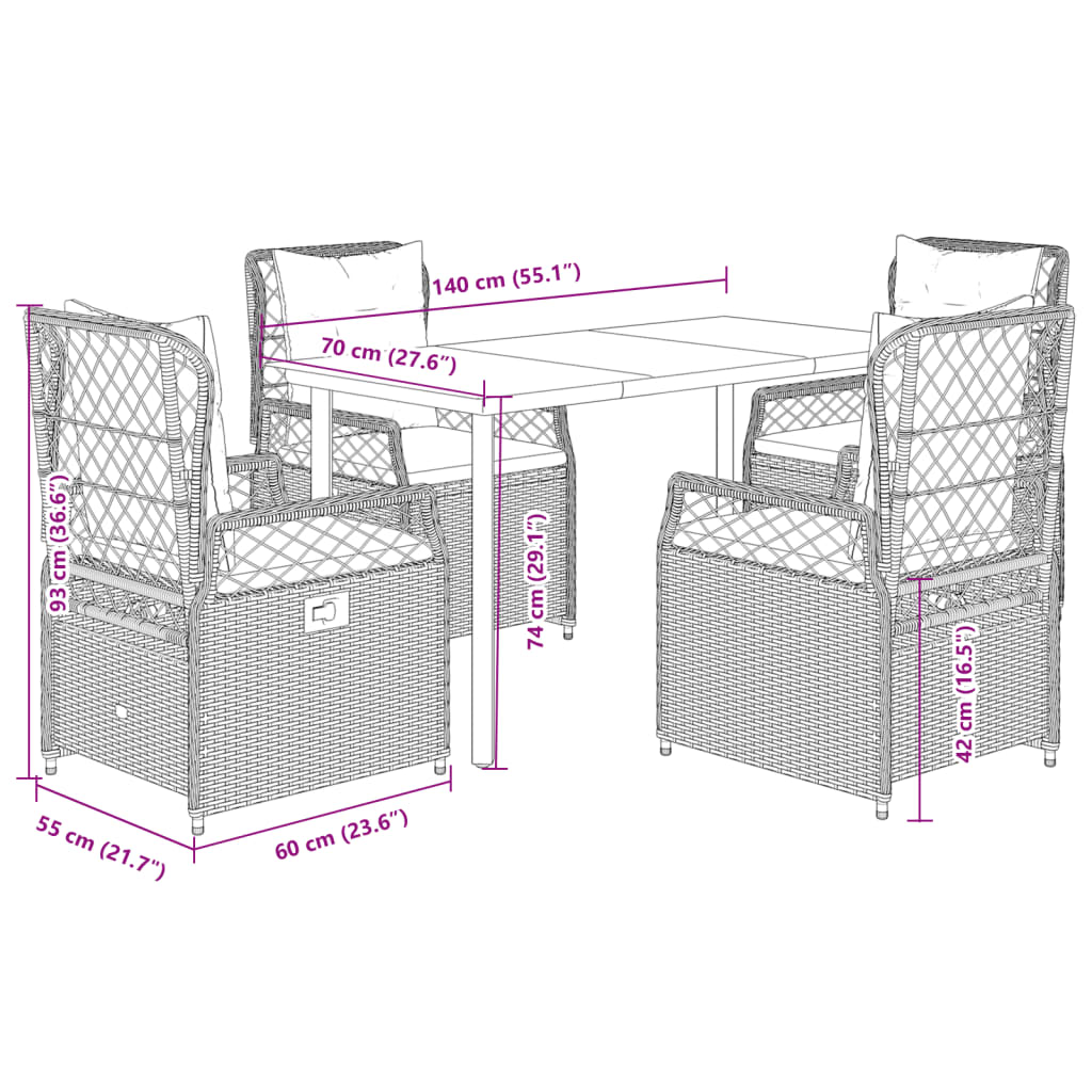 Ensemble à manger de jardin 5 pcs et coussins marron poly rotin