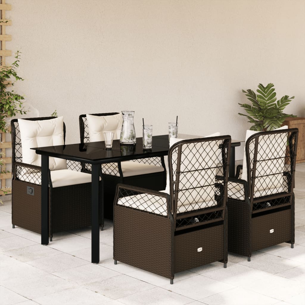 Ensemble à manger de jardin 5 pcs et coussins marron poly rotin