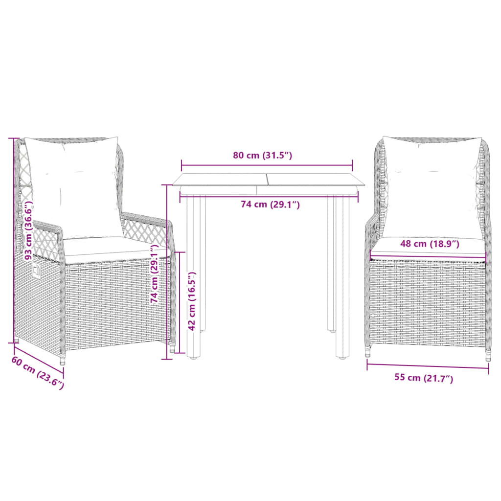 Ensemble à manger de jardin et coussins 3 pcs Beige poly rotin
