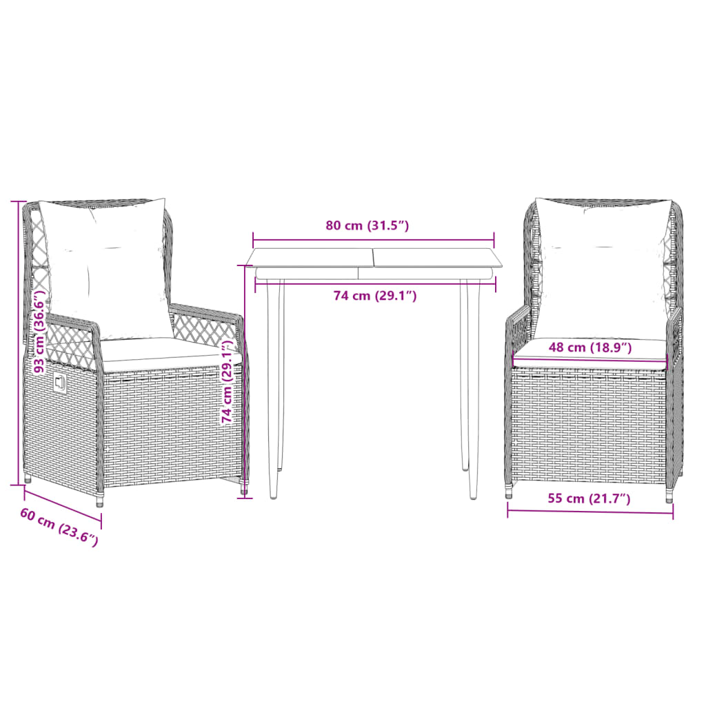 Ensemble à manger de jardin 3pcs coussins gris clair poly rotin