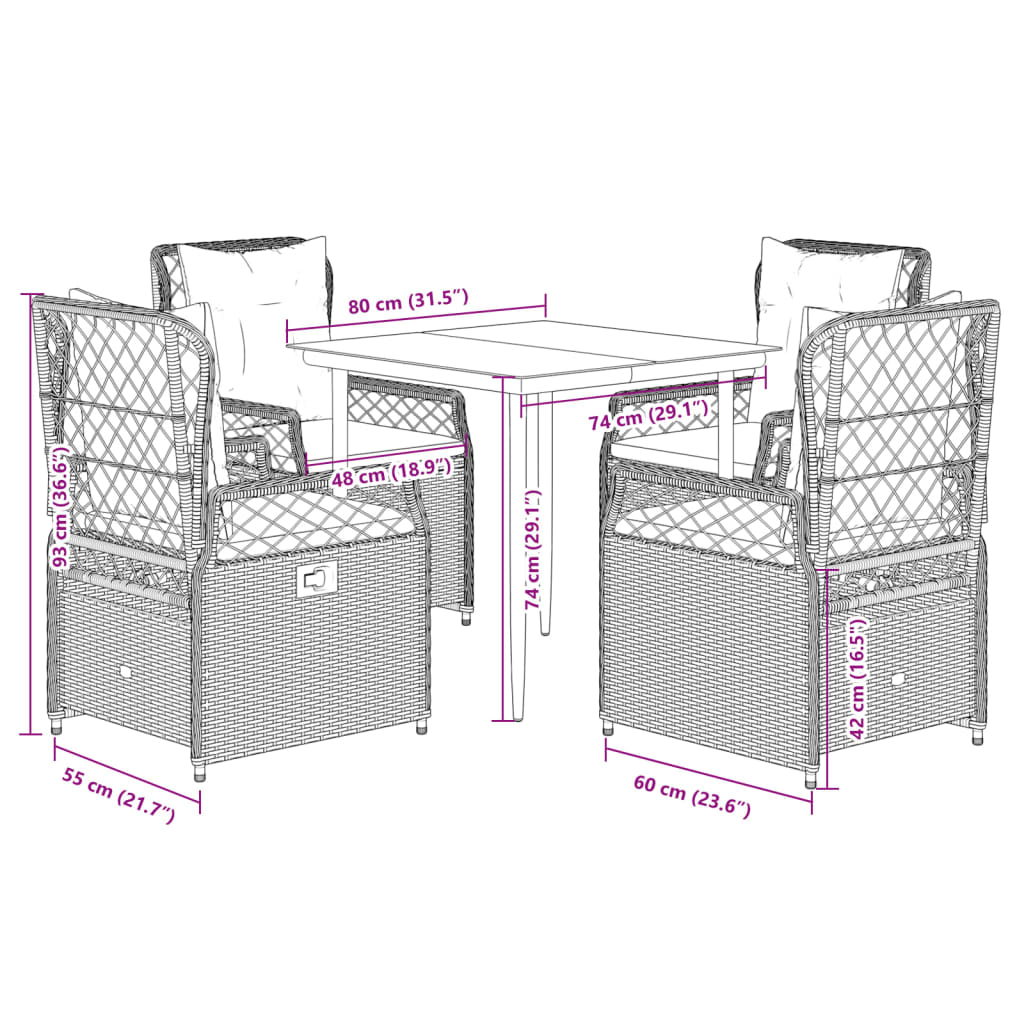 Ensemble à manger de jardin et coussins 5 pcs gris clair rotin