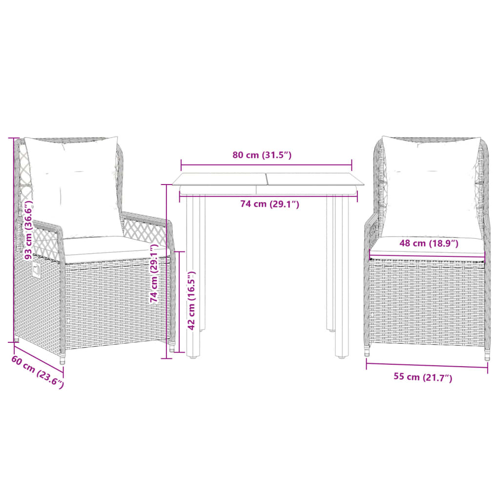 Ensemble à manger de jardin 3pcs coussins gris clair poly rotin