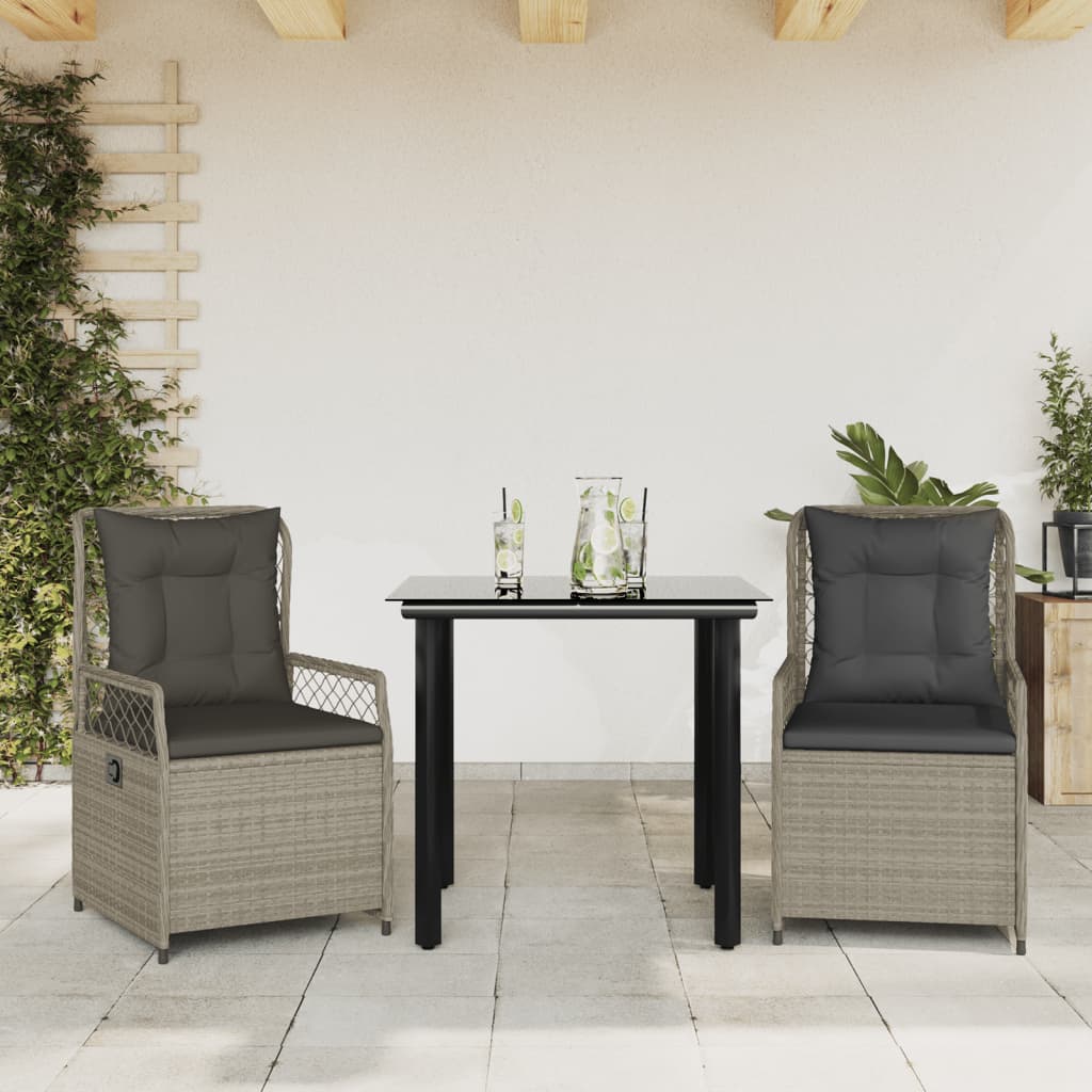 Ensemble à manger de jardin 3pcs coussins gris clair poly rotin
