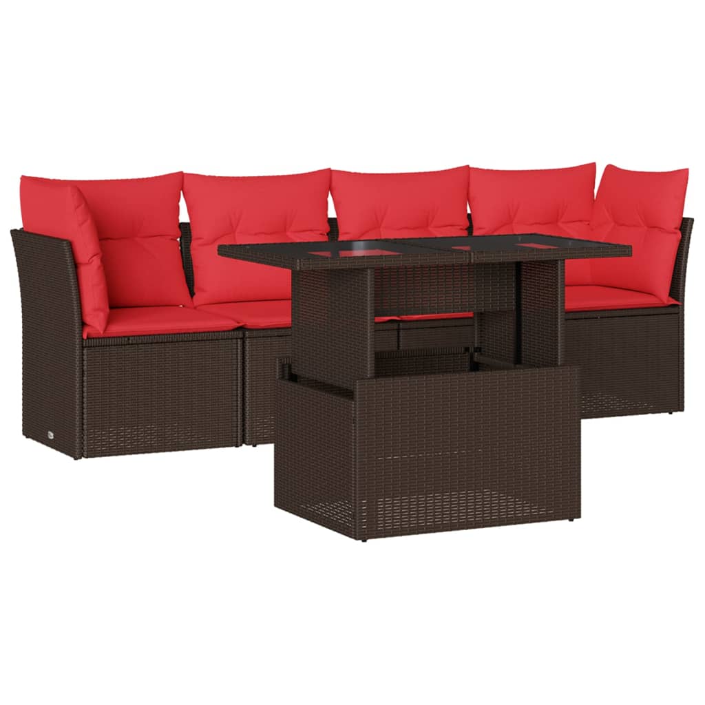 Ensemble de canapé de jardin 5 pcs avec coussins marron résine tressée