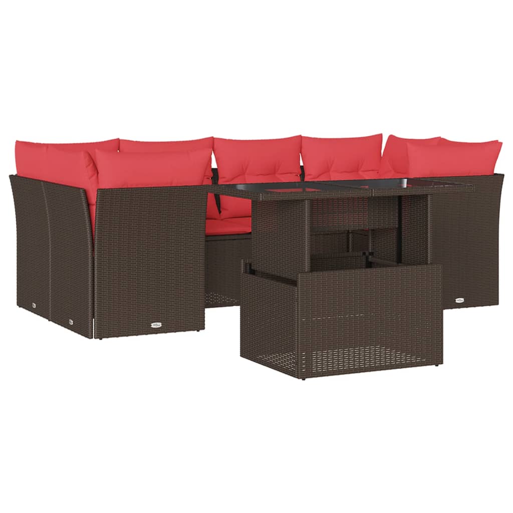 Ensemble de canapé de jardin 7 pcs avec coussins marron résine tressée