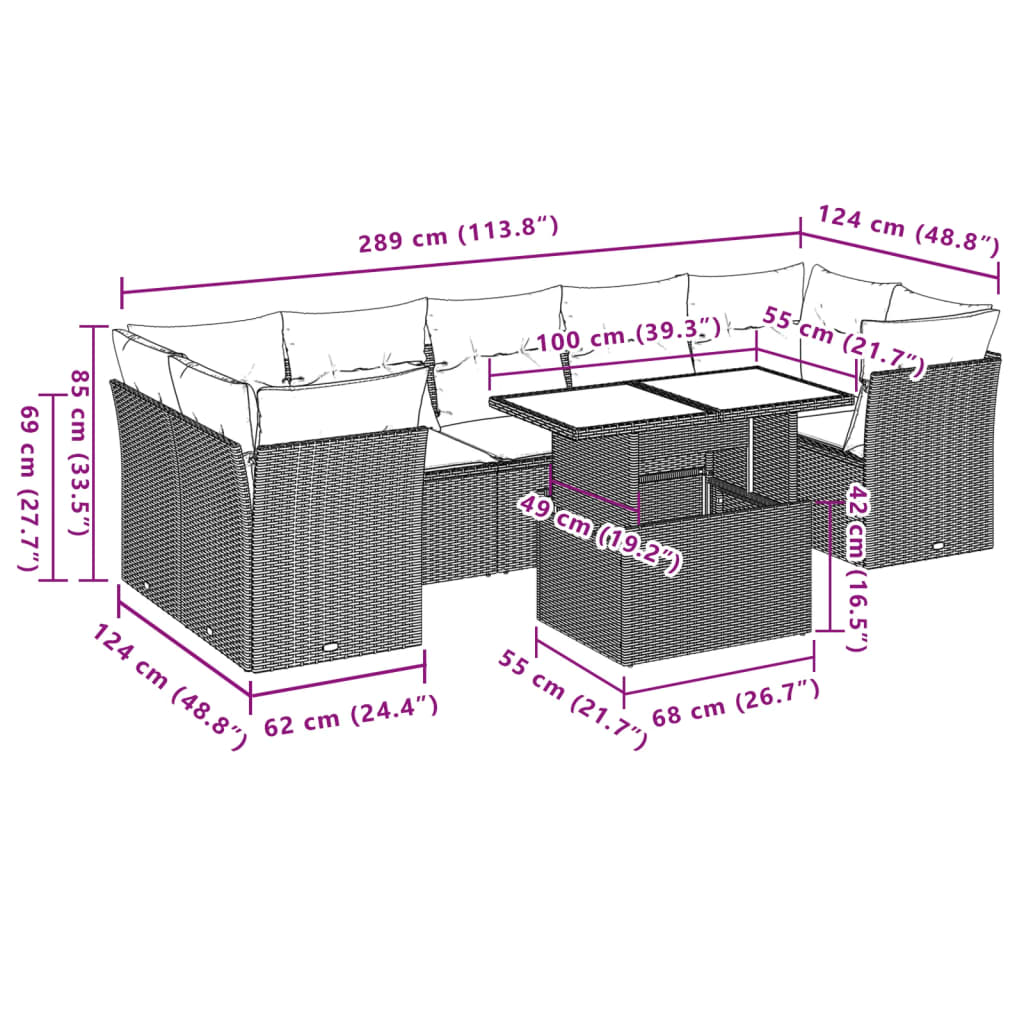 Ensemble de canapé de jardin 8 pcs avec coussins marron résine tressée