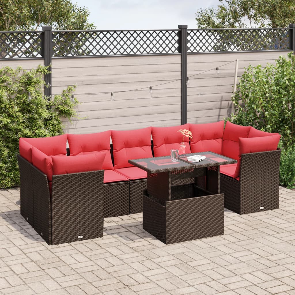 Ensemble de canapé de jardin 8 pcs avec coussins marron résine tressée