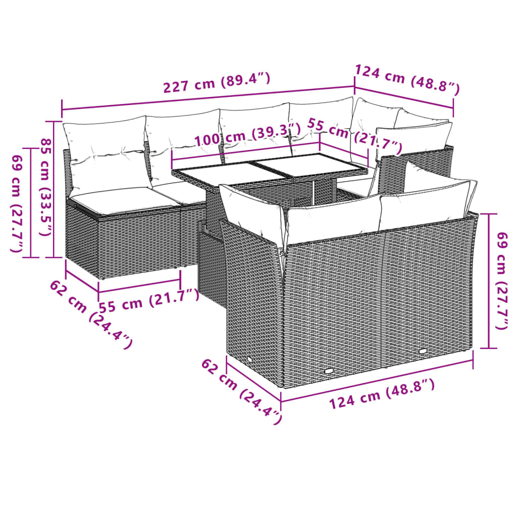 Ensemble de canapé de jardin 8 pcs avec coussins gris résine tressée