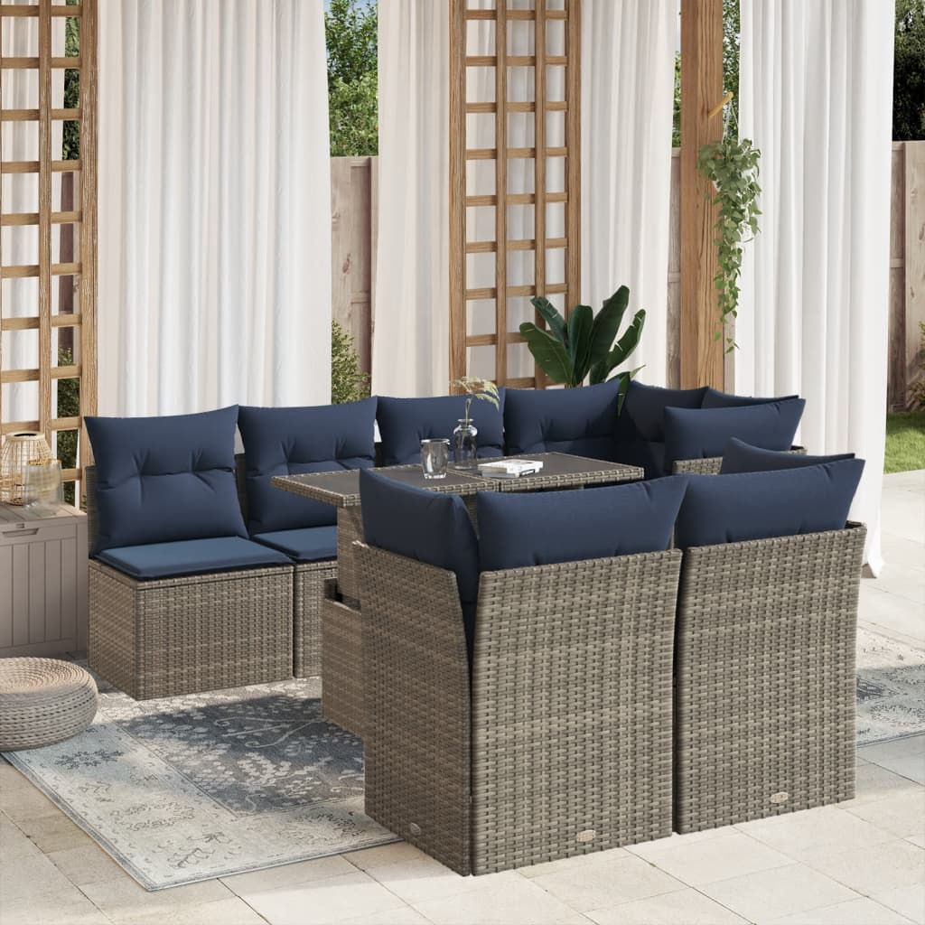 Ensemble de canapé de jardin 8 pcs avec coussins gris résine tressée