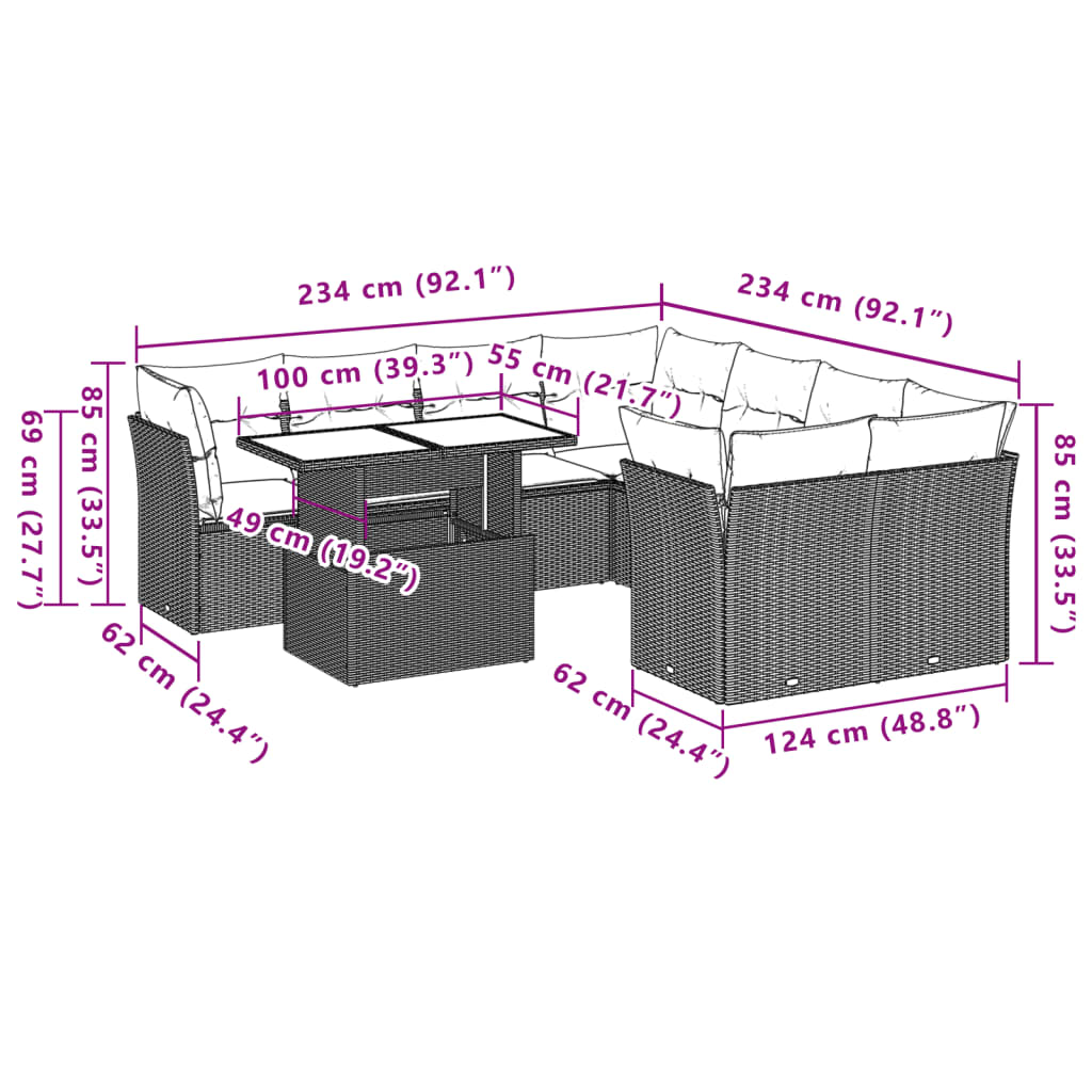 Ensemble de canapé de jardin 9 pcs avec coussins gris résine tressée