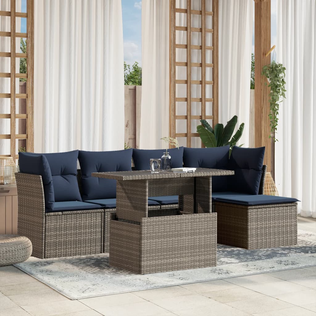 Ensemble de canapé de jardin 6 pcs avec coussins gris résine tressée