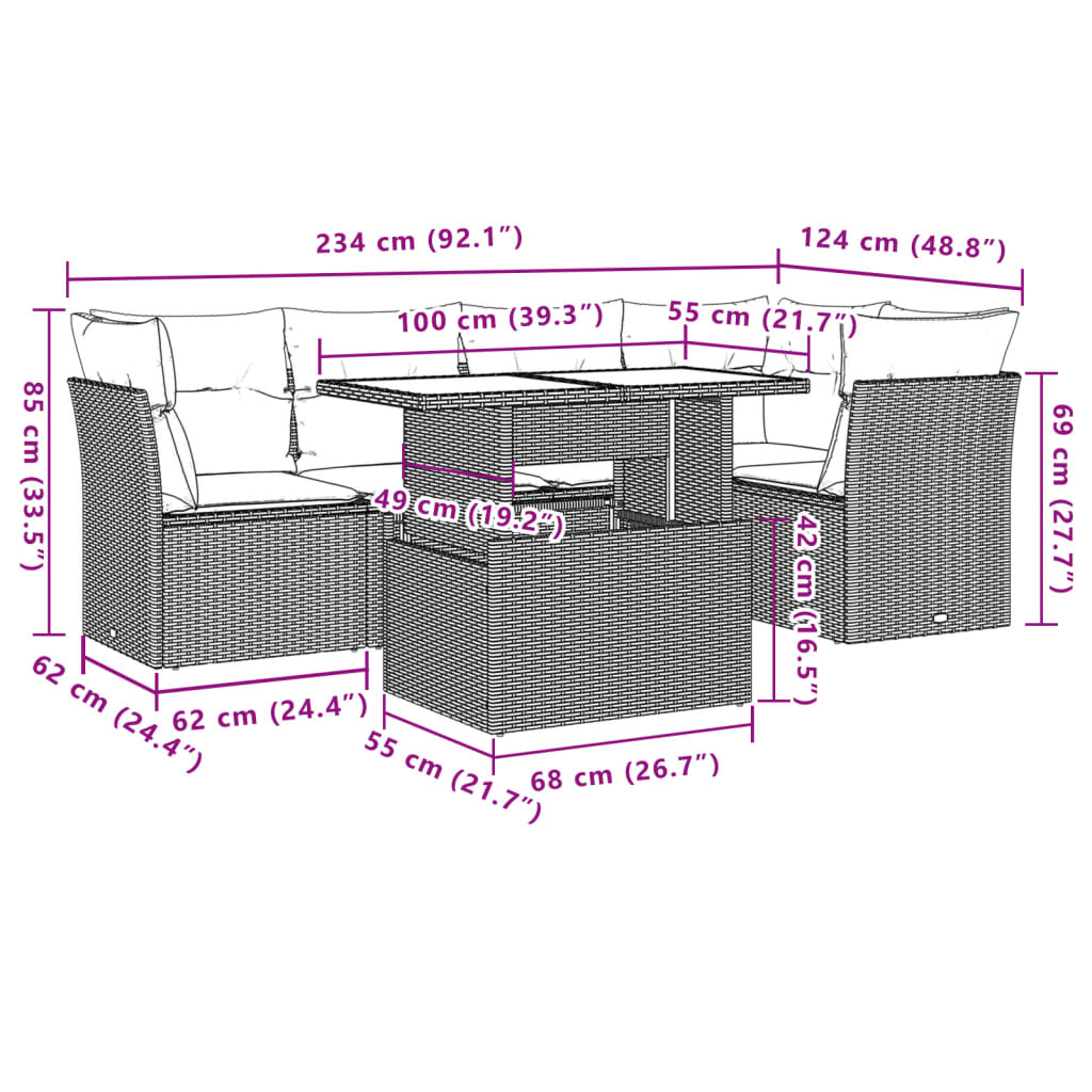 Ensemble de canapé de jardin 6 pcs avec coussins gris résine tressée