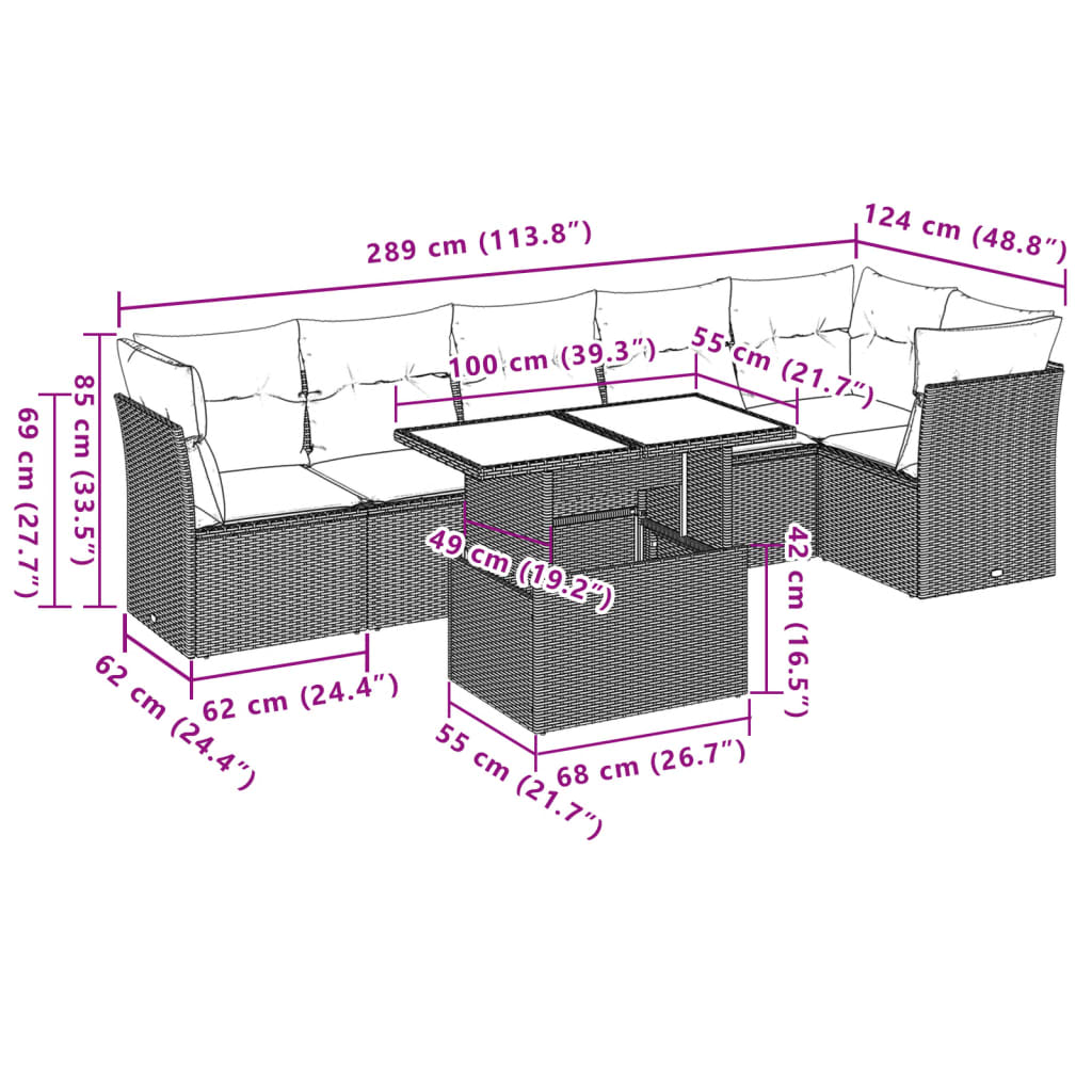 Ensemble de canapé de jardin 7 pcs avec coussins gris résine tressée