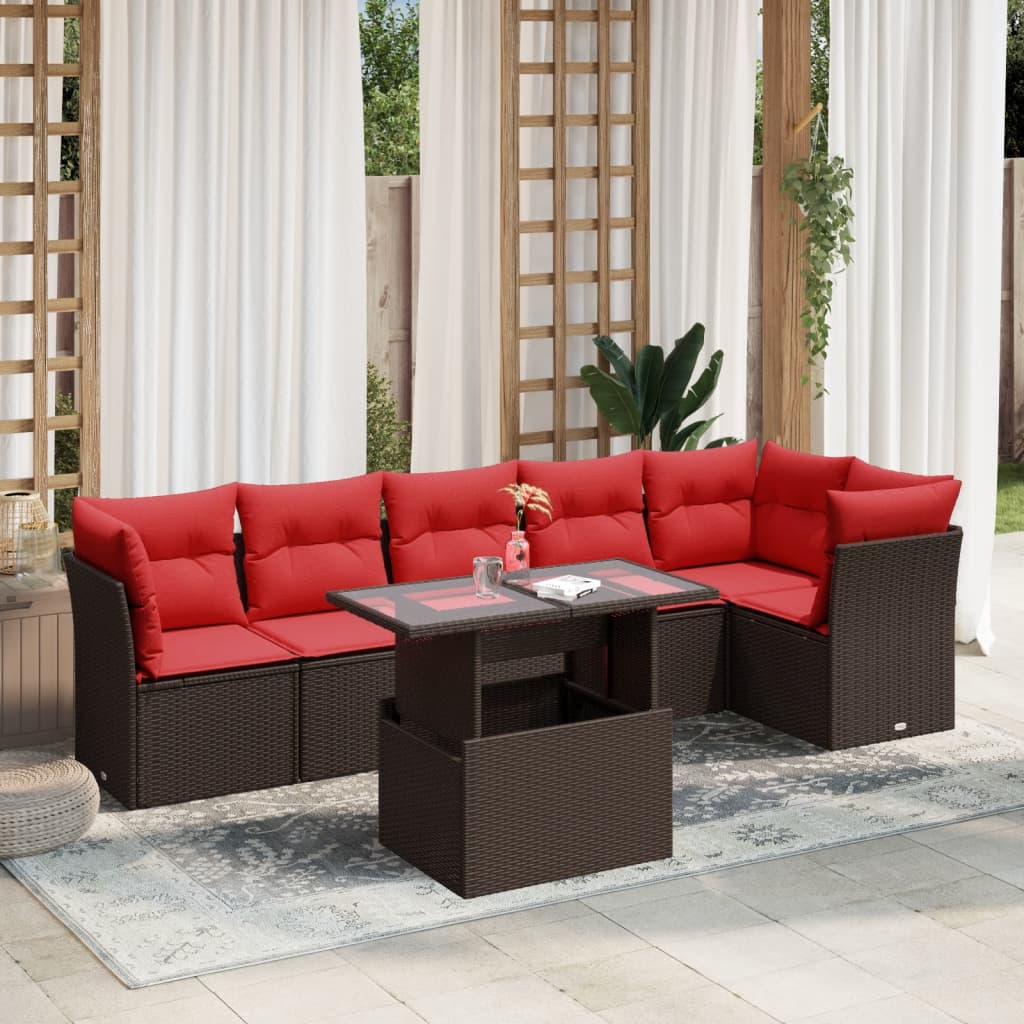 Ensemble de canapé de jardin 7 pcs avec coussins marron résine tressée