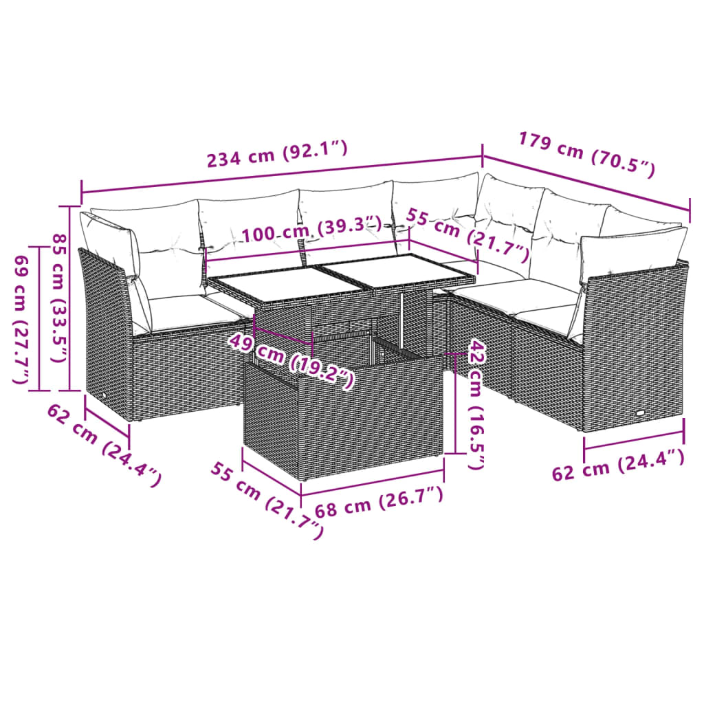 Ensemble de canapé de jardin 7 pcs avec coussins gris résine tressée