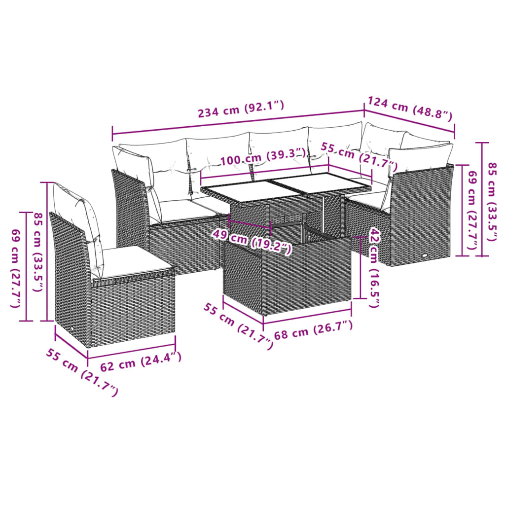 Ensemble de canapé de jardin 7 pcs avec coussins gris résine tressée