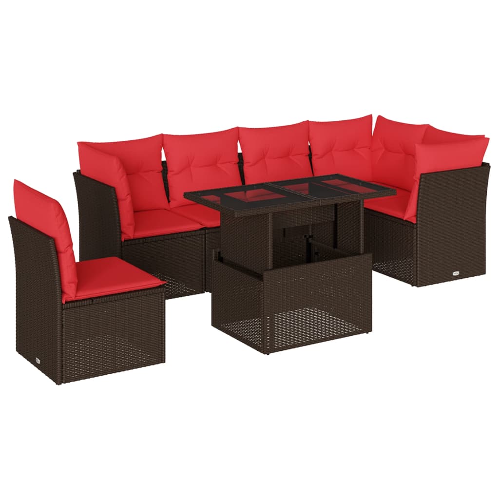 Ensemble de canapé de jardin 7 pcs avec coussins marron résine tressée