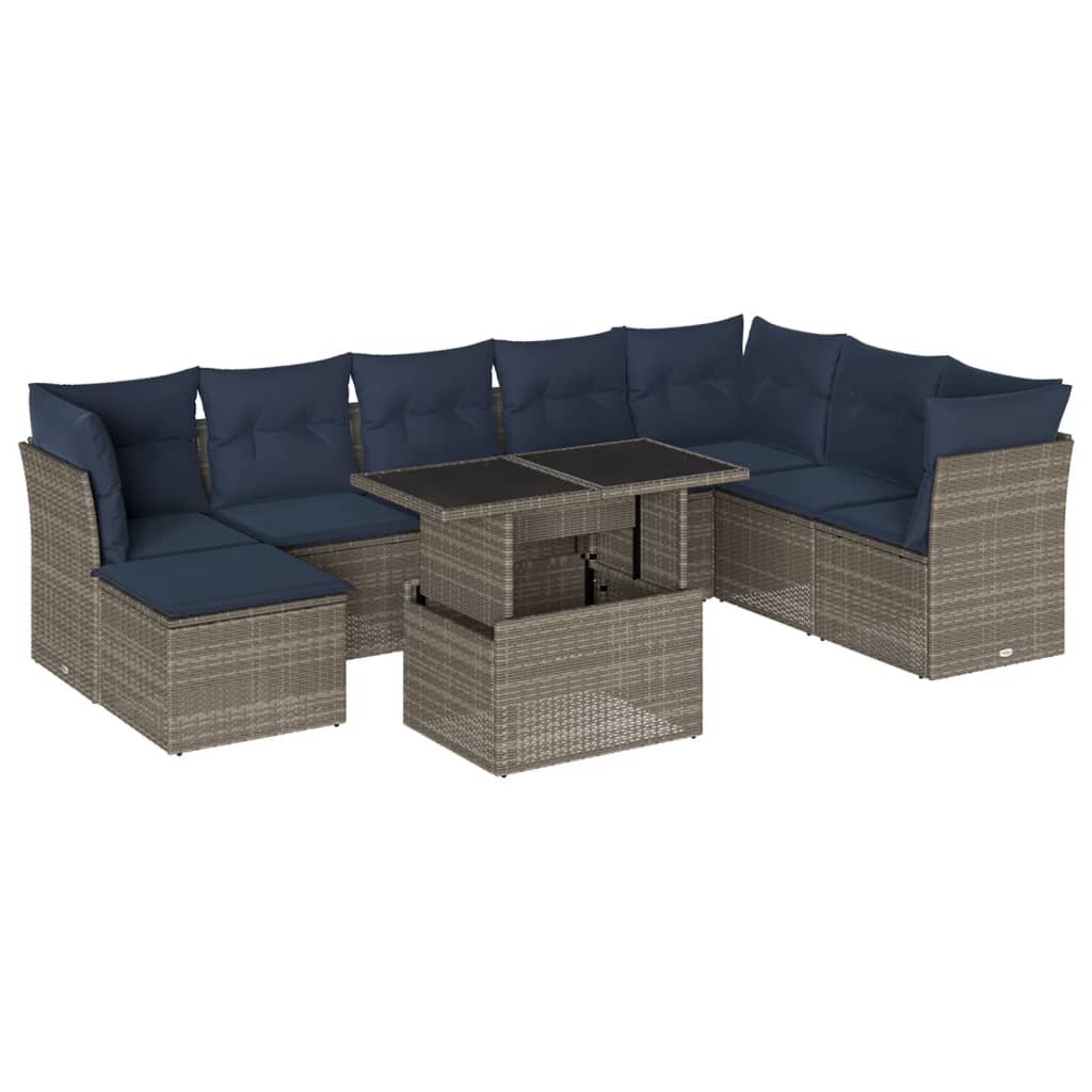 Ensemble de canapé de jardin 9 pcs avec coussins gris résine tressée