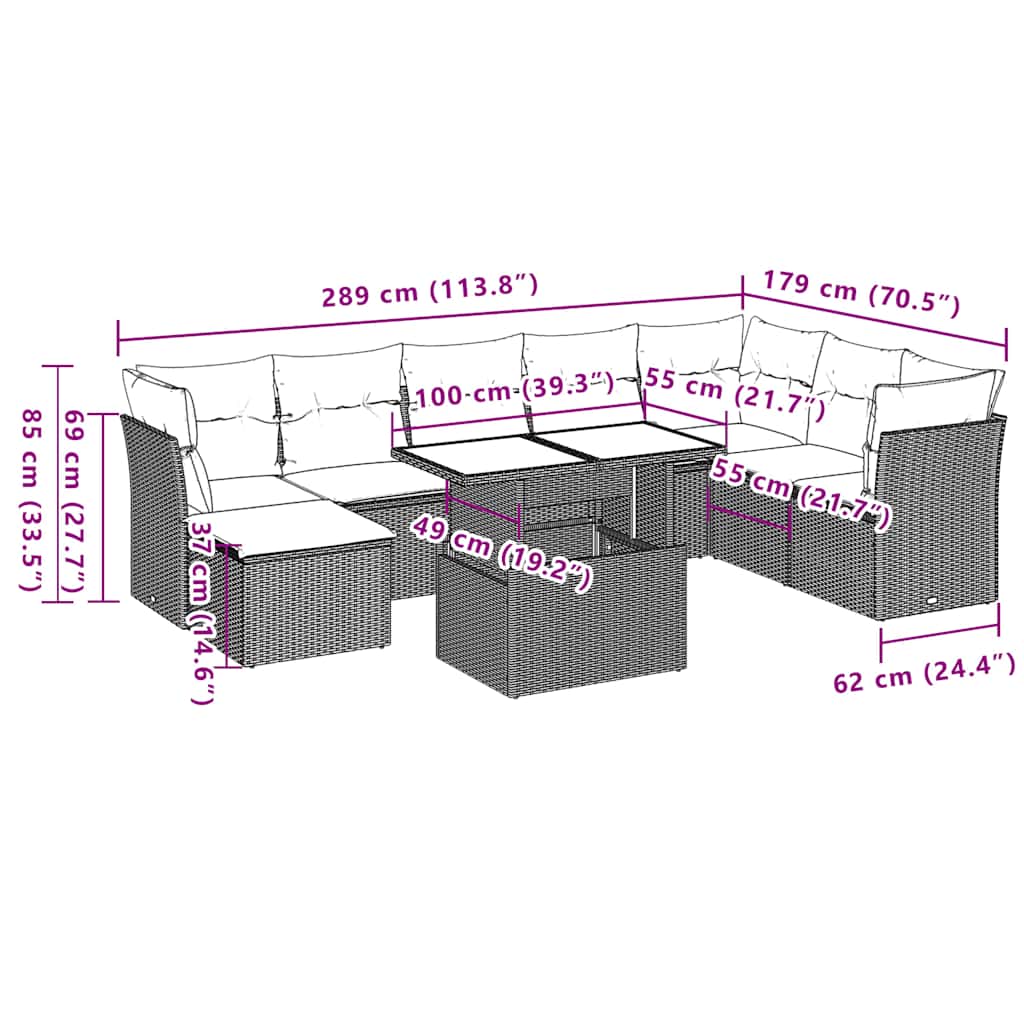 Ensemble de canapé de jardin 9 pcs avec coussins gris résine tressée