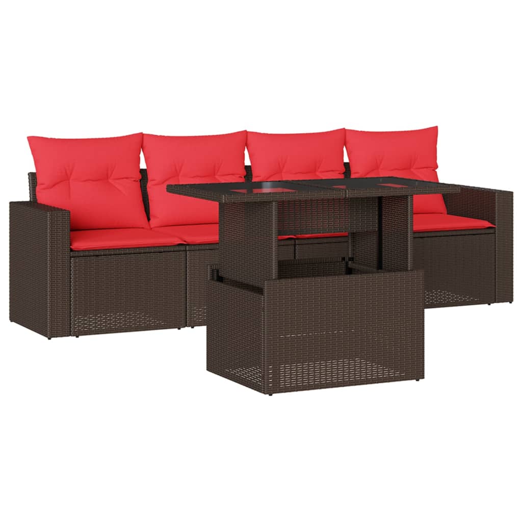Ensemble de canapé de jardin 5 pcs avec coussins marron résine tressée