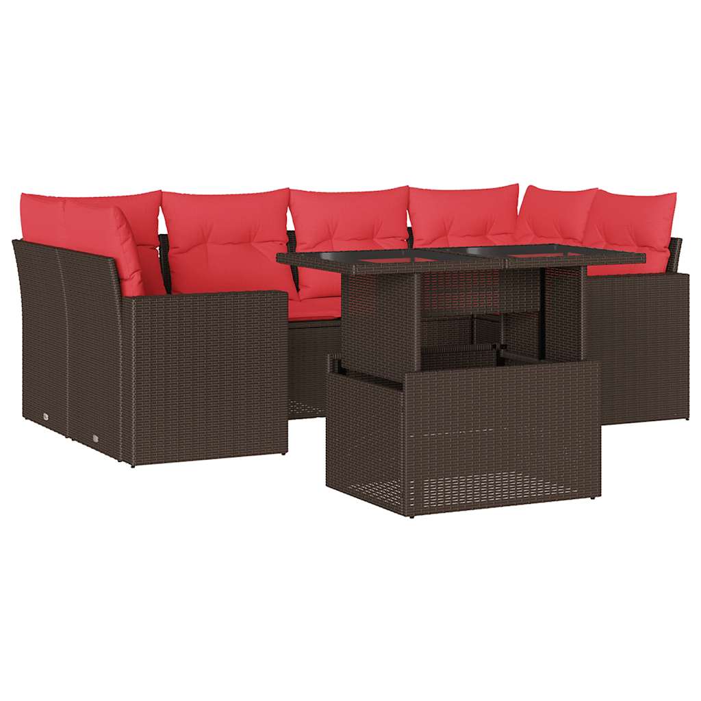 Ensemble de canapé de jardin 7 pcs avec coussins marron résine tressée