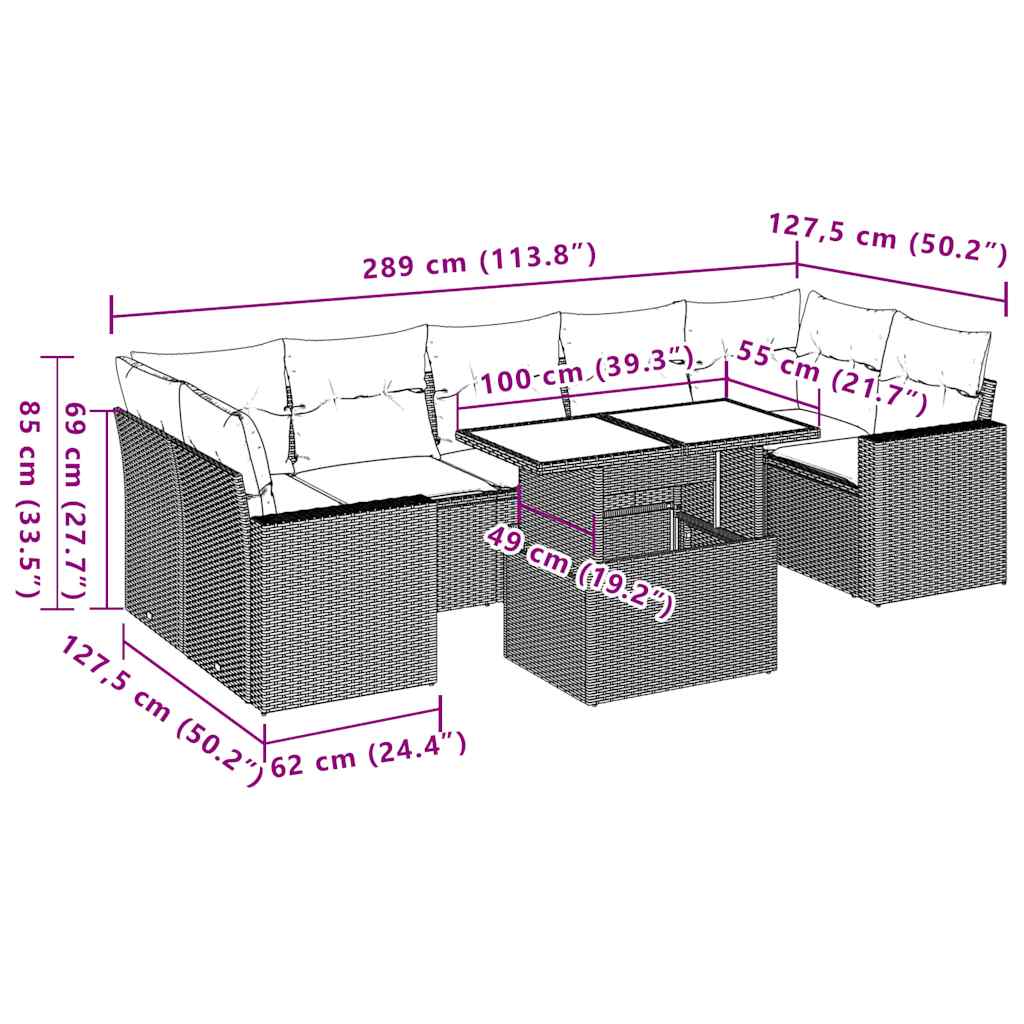 Ensemble de canapé de jardin 8 pcs avec coussins marron résine tressée