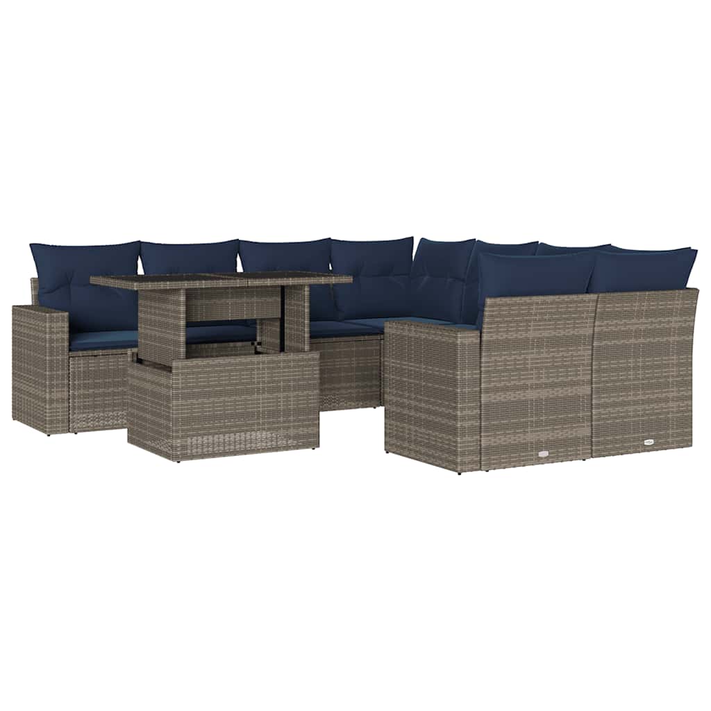Ensemble de canapé de jardin 9 pcs avec coussins gris résine tressée