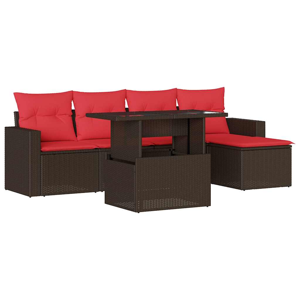 Ensemble de canapé de jardin 6 pcs avec coussins marron résine tressée