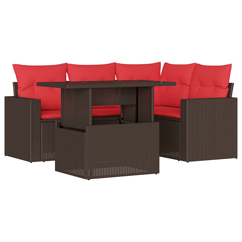 Ensemble de canapé de jardin 5 pcs avec coussins marron résine tressée