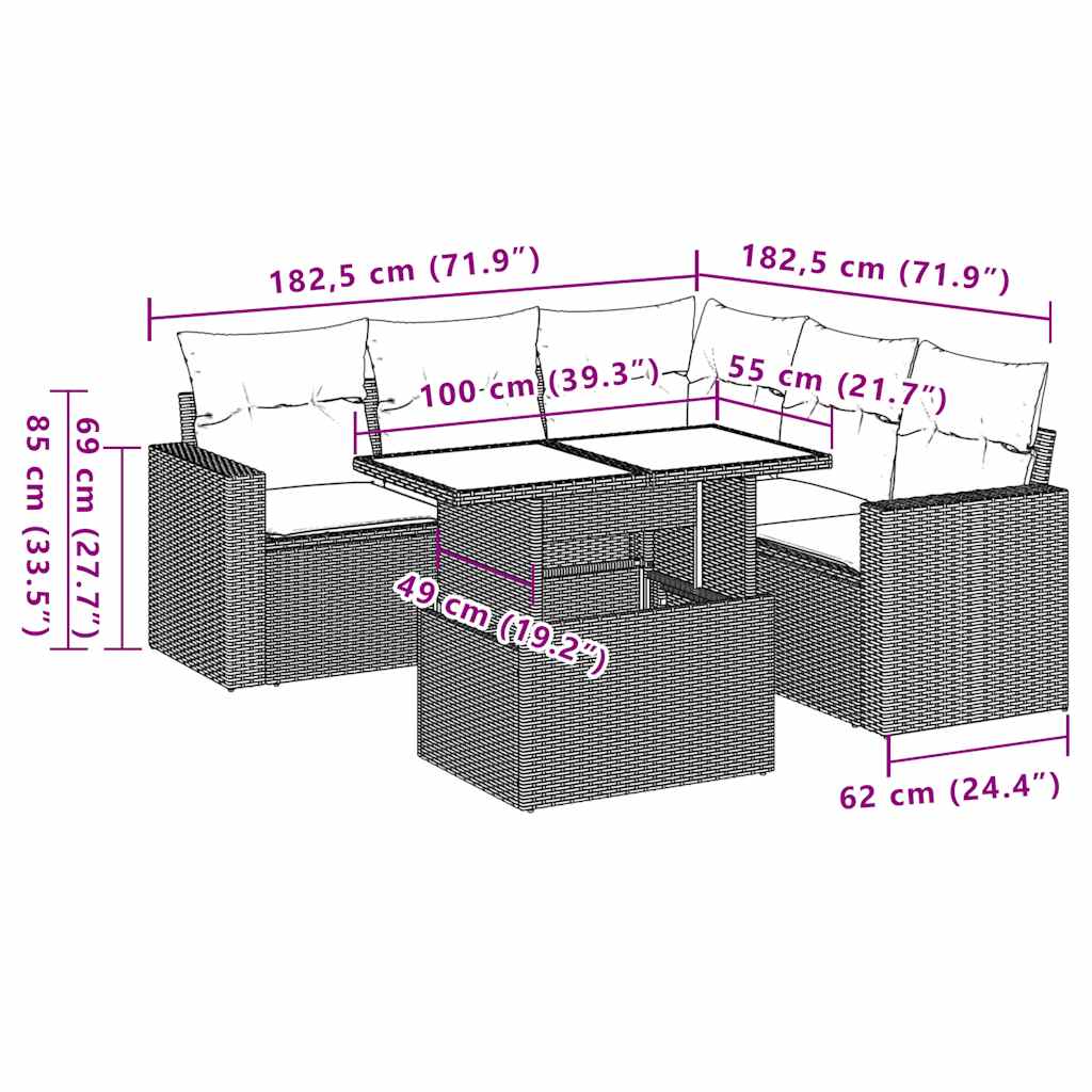 Ensemble de canapé de jardin 6 pcs avec coussins gris résine tressée