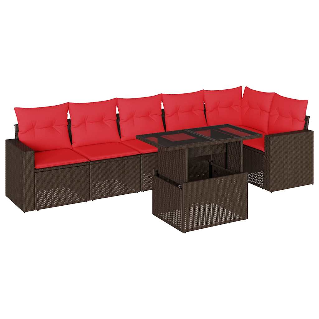 Ensemble de canapé de jardin 7 pcs avec coussins marron résine tressée