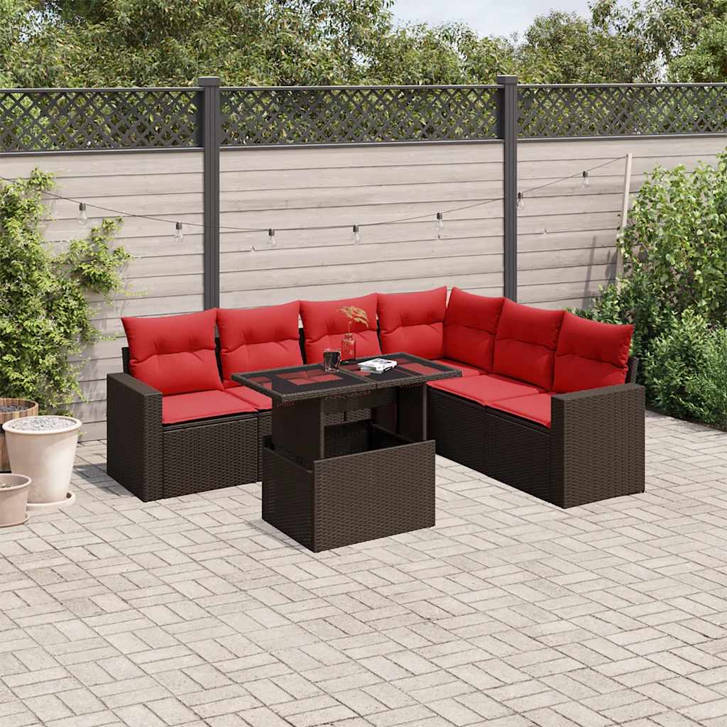Ensemble de canapé de jardin 7 pcs avec coussins marron résine tressée