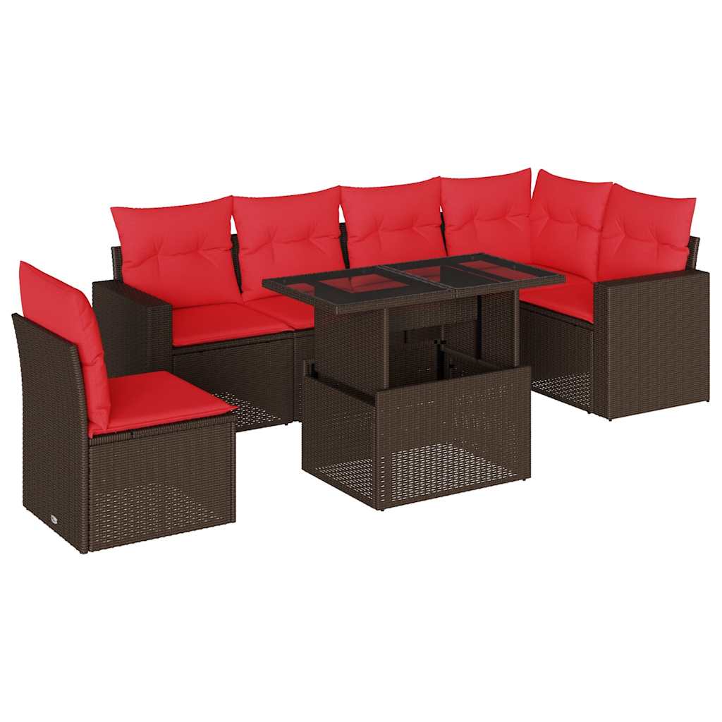Ensemble de canapé de jardin 7 pcs avec coussins marron résine tressée