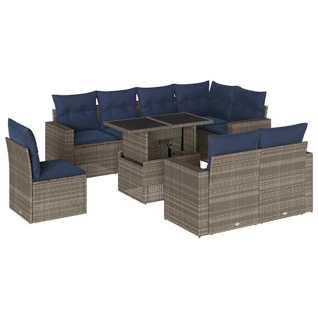 Ensemble de canapé de jardin 9 pcs avec coussins gris résine tressée