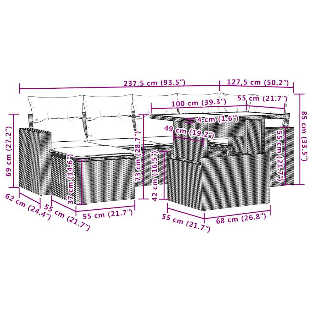 Ensemble de canapé de jardin 7 pcs avec coussins gris résine tressée