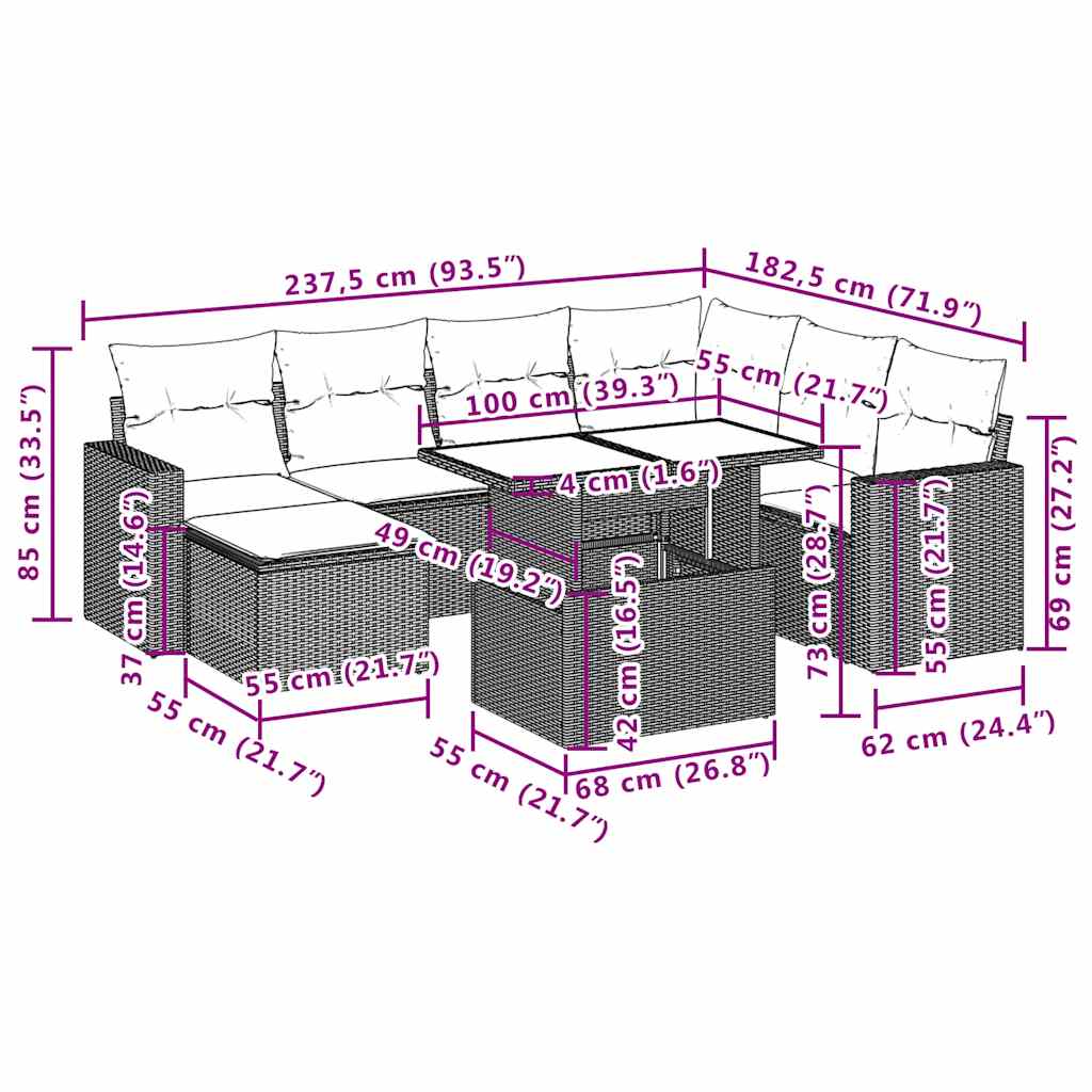 Ensemble de canapé de jardin 8 pcs avec coussins gris résine tressée