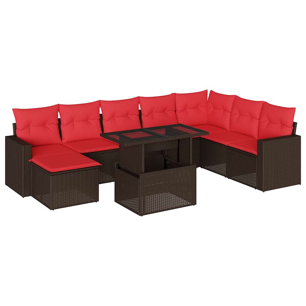 Ensemble de canapé de jardin 9 pcs avec coussins marron résine tressée