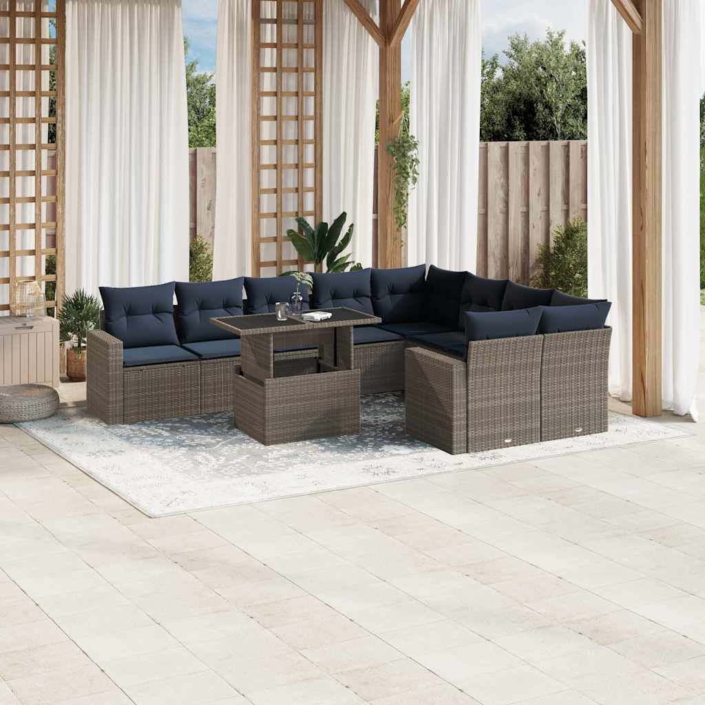 Ensemble de canapé de jardin 10 pcs avec coussins gris résine tressée