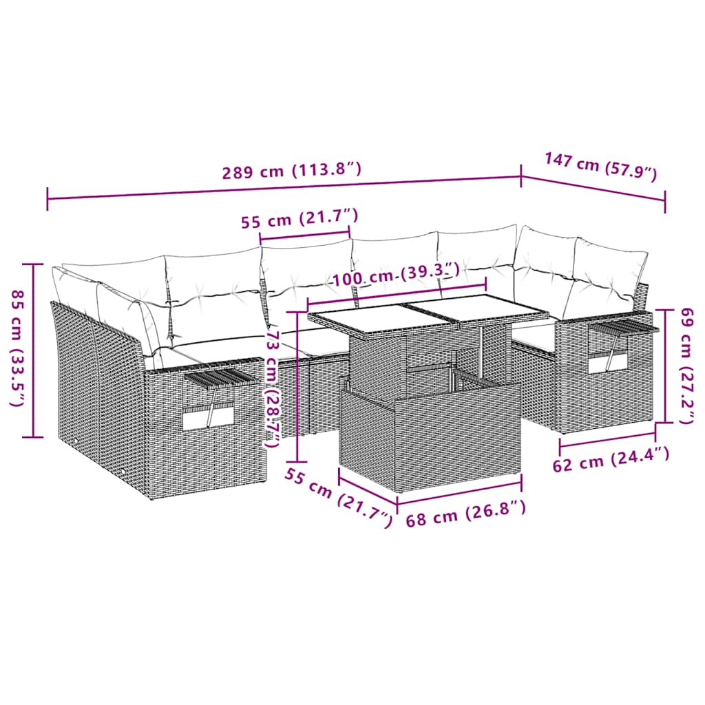 Ensemble de canapé de jardin 8 pcs avec coussins gris résine tressée