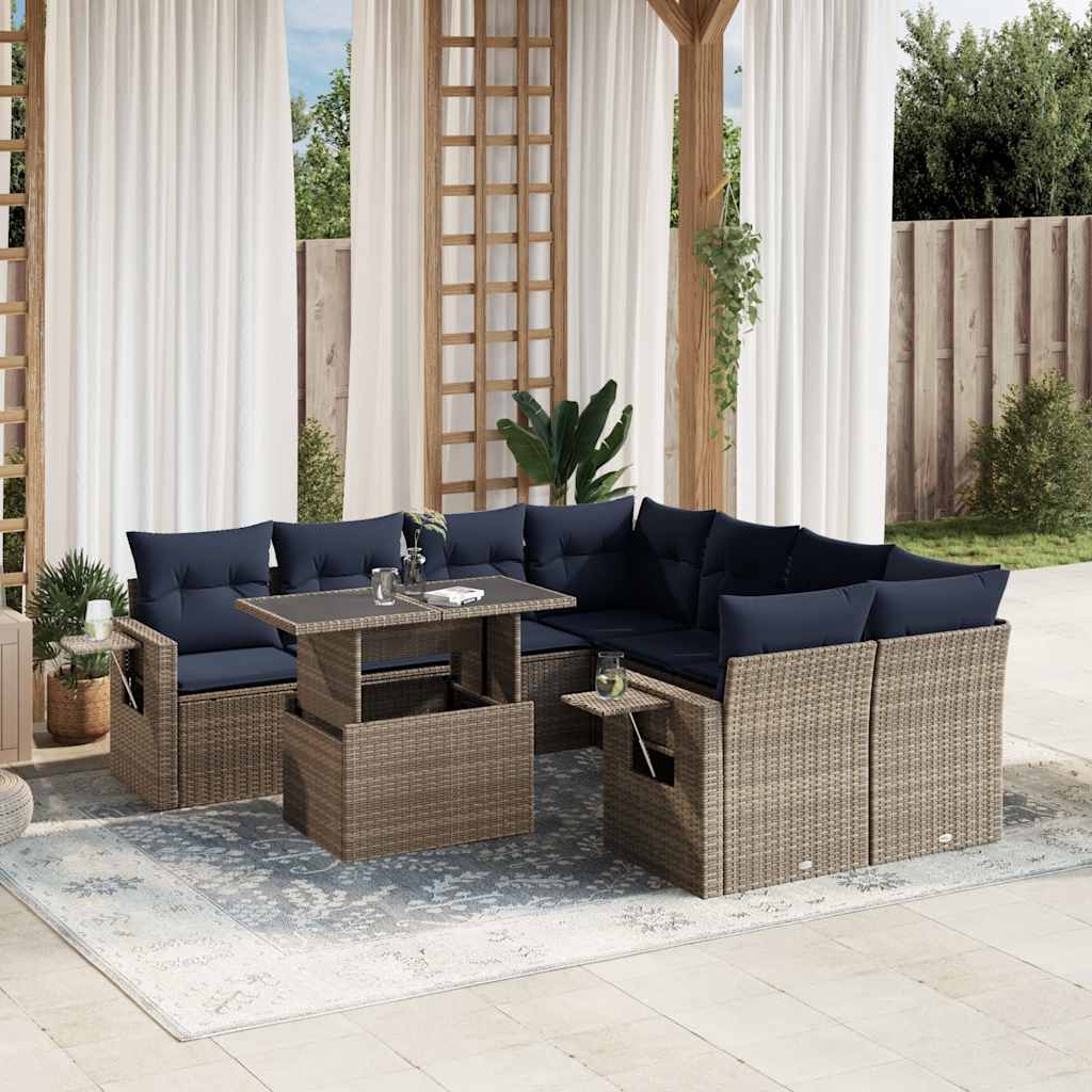 Ensemble de canapé de jardin 9 pcs avec coussins gris résine tressée